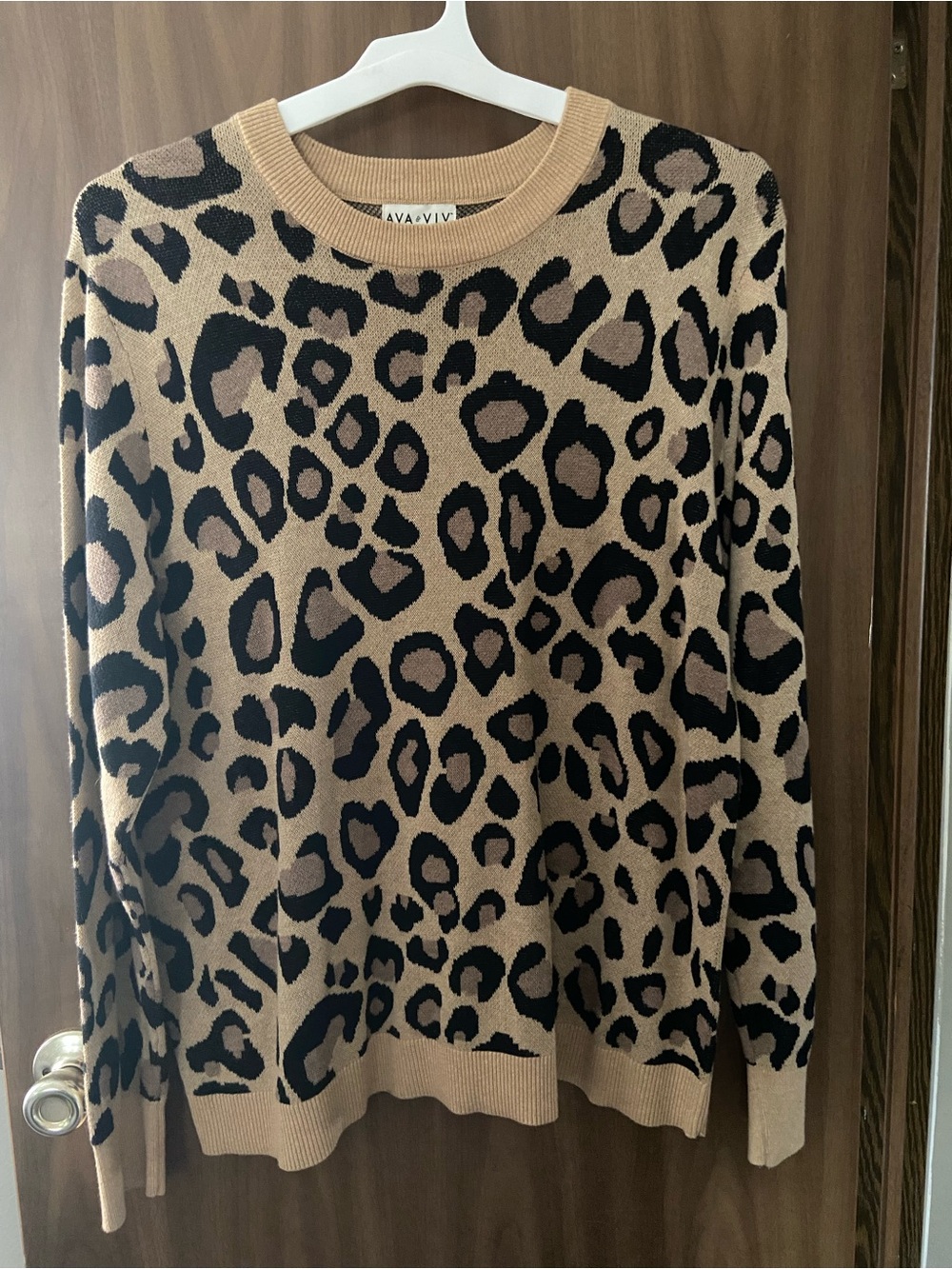 Ava & Viv Beige and Black Leopard Crewneck Sweater